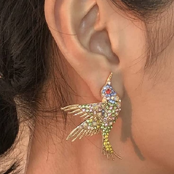 Multicolor Bird Rhinestone Earrings Gold Hummingbird CZ Pave Crystal Birds Posts - Picture 10 of 13